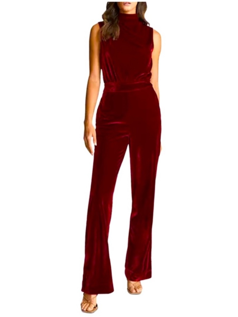 Reiss Sleeveless Velvet Wide-Leg Jumpsuit in Burgundy size 2
